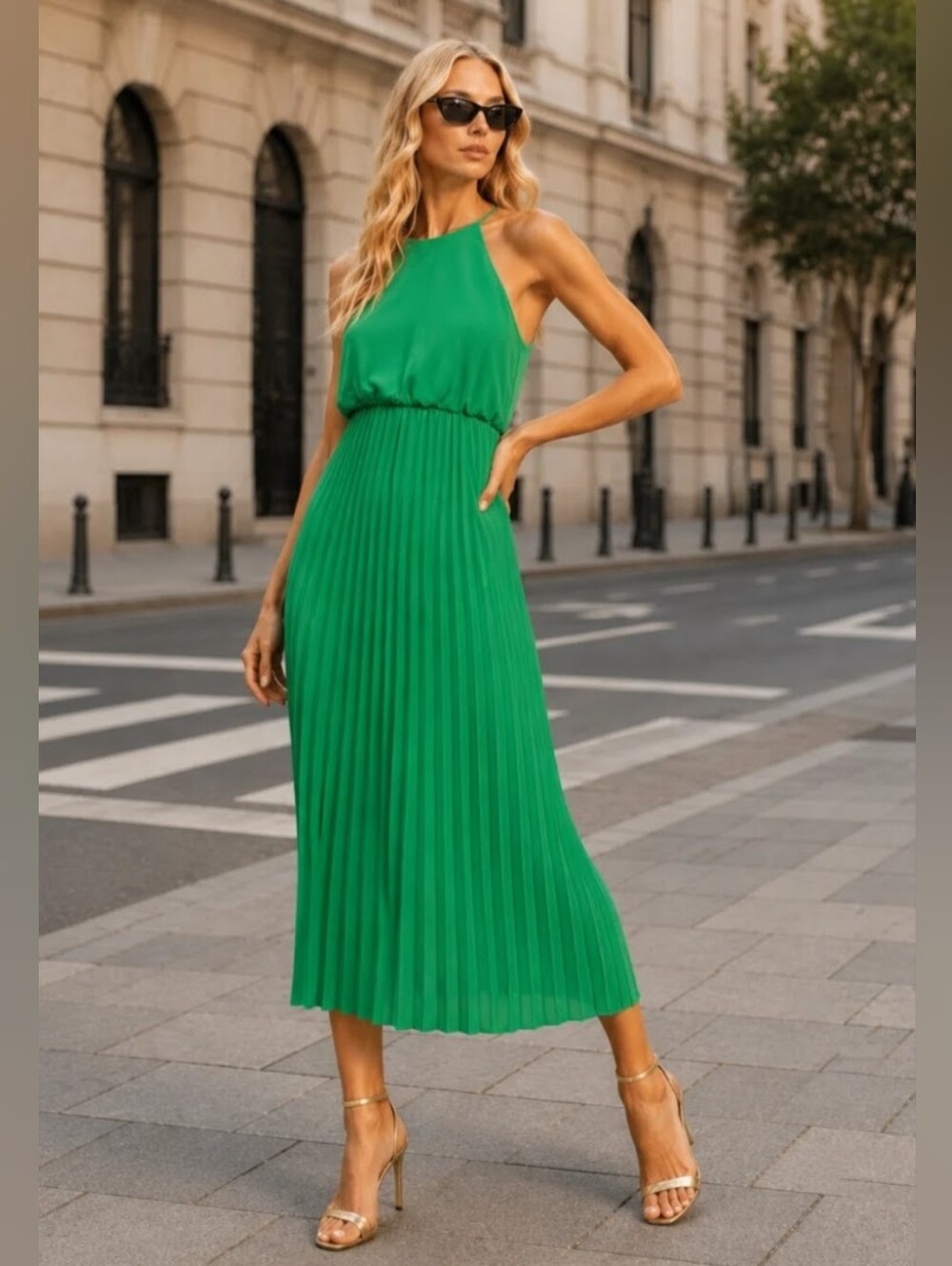 Zara Green Pleated Halter Maxi Dress